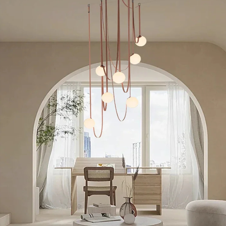 Tura | Suspension Design Sphères en Verre et Cuir G9 Lustre Moderne Cascades