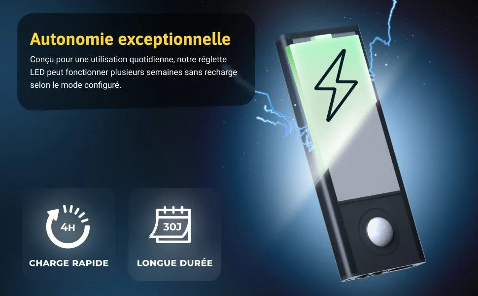 Lumina | Réglette LED Rechargeable Sans Fil Aluminium avec Capteur de Mouvement