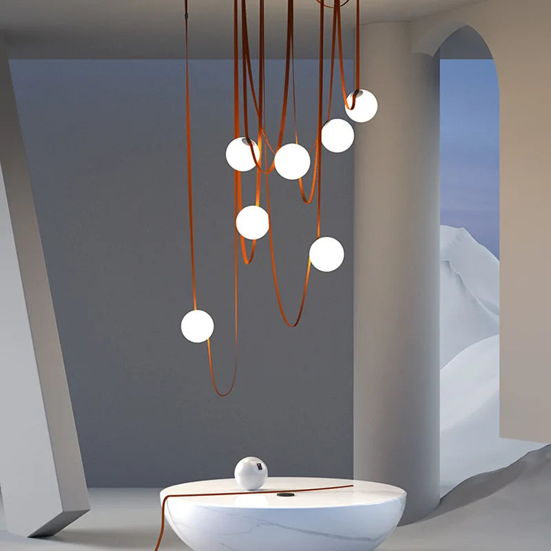 Tura | Suspension Design Sphères en Verre et Cuir G9 Lustre Moderne Cascades